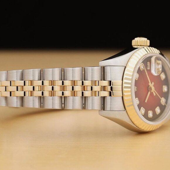ROLEX DATEJUST WOMENS RED FACTORY DIAMOND 18K GOLD STEEL WATCH main image 4